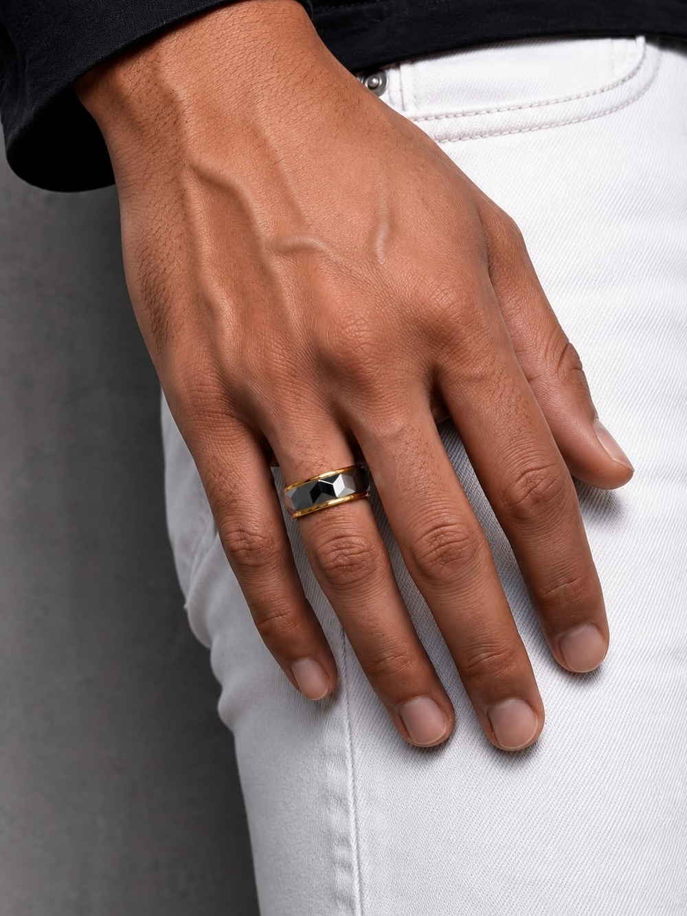 Tungsten Carbide Black & Gold Faceted Men's Ring
